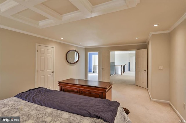 bedroom featuring light carpet, beam ceiling, recessed lighting, crown molding, and baseboards