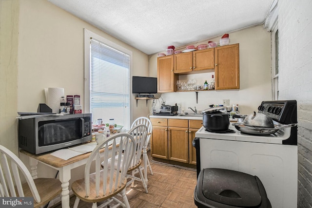 kitchen with stainless steel microwave, brown cabinetry, electric range, a textured ceiling, and open shelves