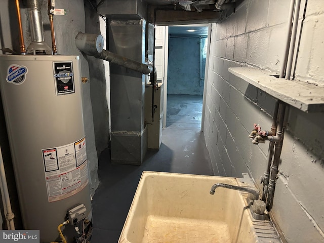 utility room with gas water heater and heating unit