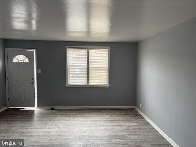 foyer entrance with baseboards and wood finished floors