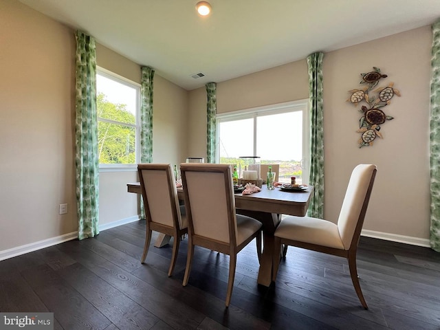 dining room with dark wood-type flooring, visible vents, and baseboards