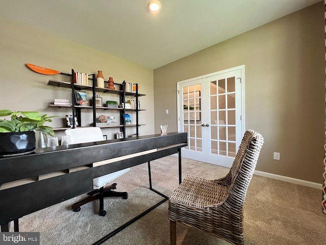 home office featuring french doors, baseboards, and carpet