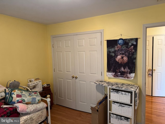 bedroom with wood finished floors and a closet