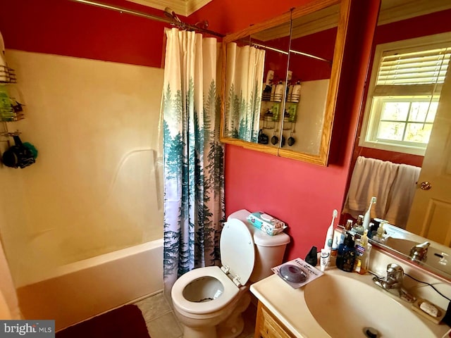 full bath with toilet, shower / bath combo, vanity, and tile patterned flooring