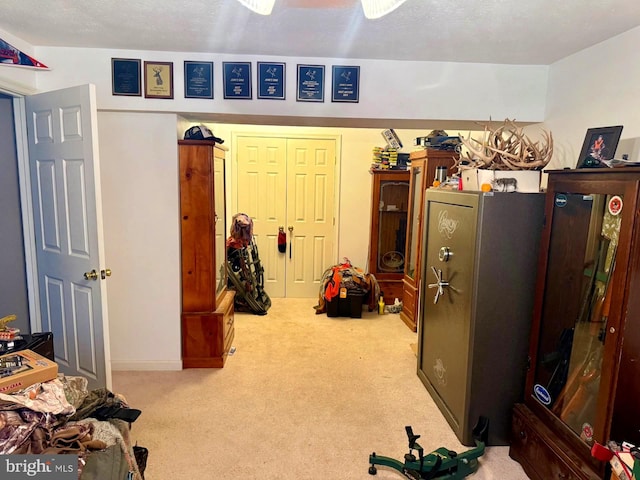 interior space with a textured ceiling and carpet flooring