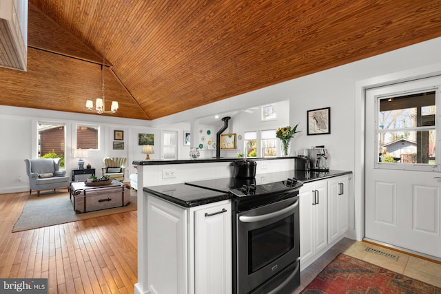 kitchen with electric range, plenty of natural light, a peninsula, and open floor plan