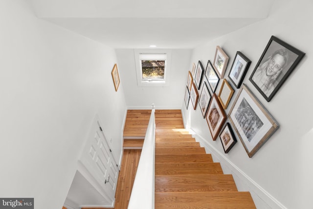 stairway with baseboards and wood finished floors