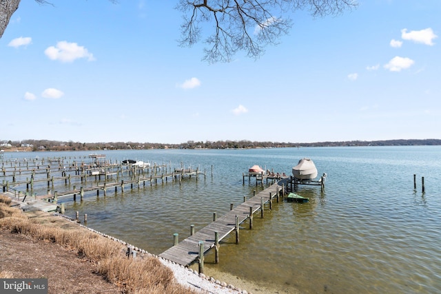 dock area with a water view and boat lift