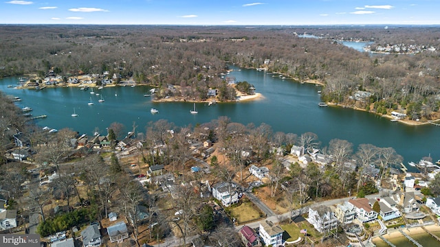 birds eye view of property featuring a view of trees and a water view