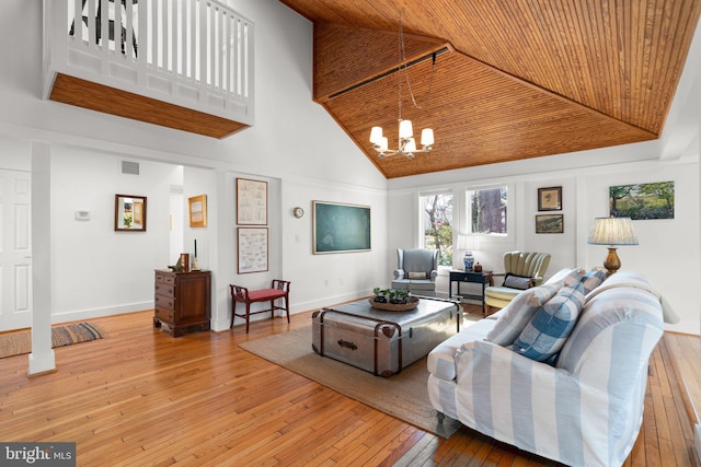 living room with wooden ceiling, a notable chandelier, wood-type flooring, and high vaulted ceiling