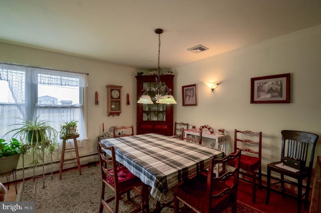 dining space featuring visible vents, baseboard heating, and baseboards