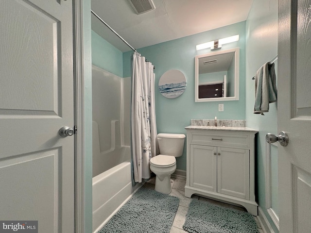 bathroom with visible vents, shower / bathtub combination with curtain, toilet, and vanity