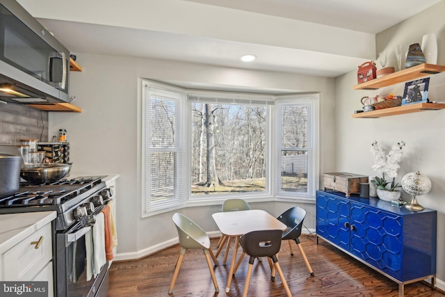 kitchen featuring open shelves, stainless steel appliances, plenty of natural light, and dark wood-type flooring