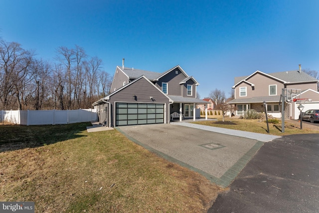 view of front of property with aphalt driveway, an attached garage, a front lawn, and fence