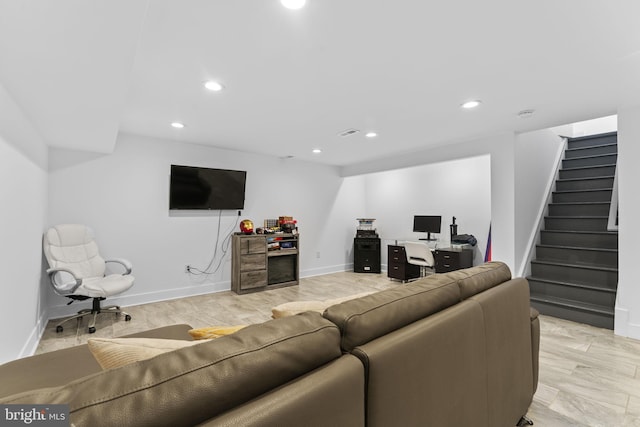 living area with recessed lighting, stairway, baseboards, and visible vents