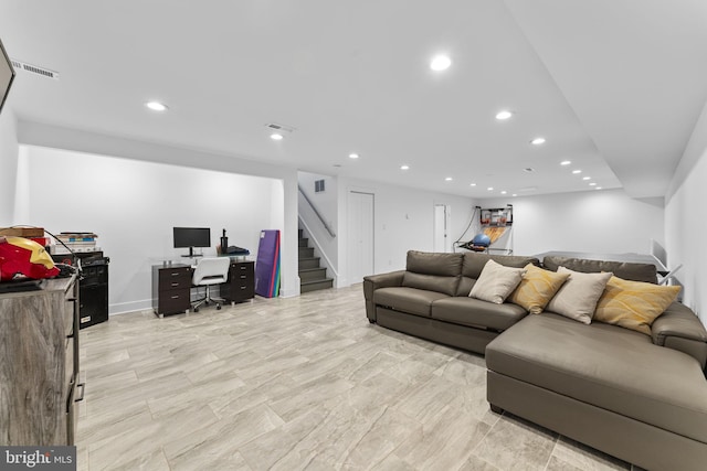 living room with stairway, recessed lighting, and visible vents