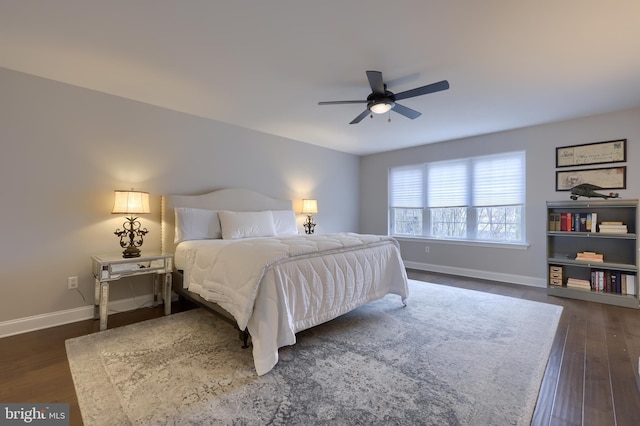 bedroom with ceiling fan, baseboards, and dark wood-style floors