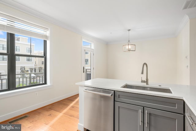 kitchen featuring a sink, visible vents, stainless steel dishwasher, and gray cabinets