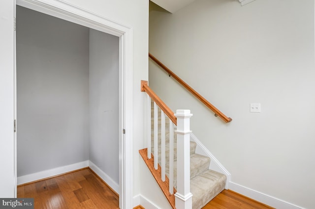 staircase with wood finished floors and baseboards