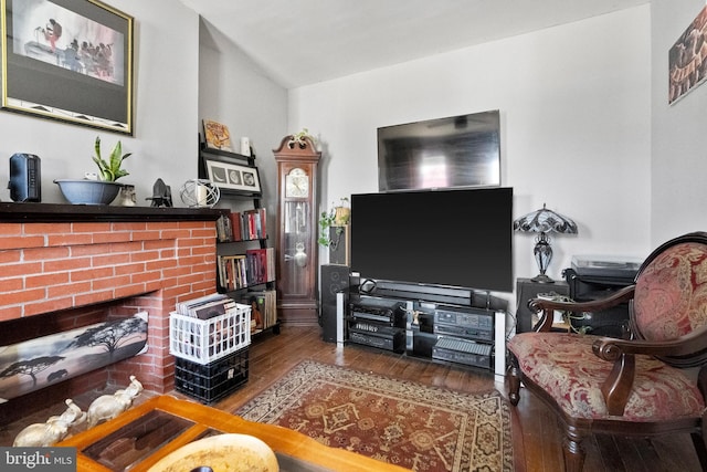 living room featuring a fireplace and wood finished floors