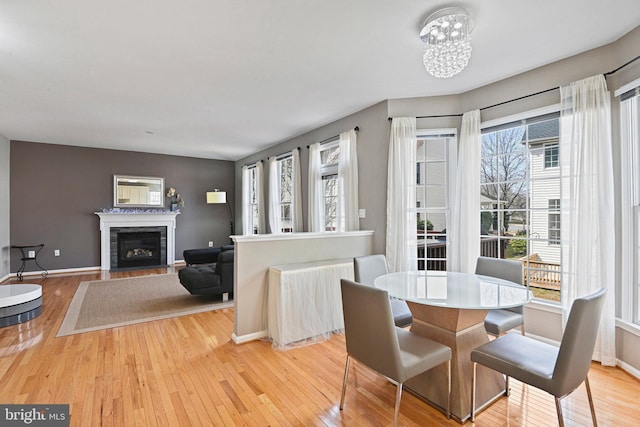 dining space featuring light wood finished floors, plenty of natural light, baseboards, and a fireplace with flush hearth