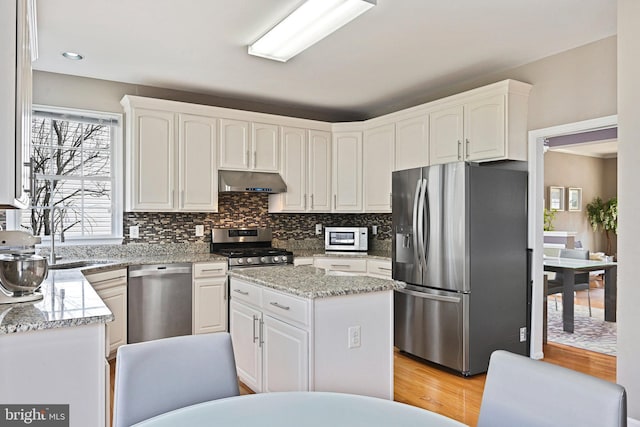 kitchen with white cabinets, under cabinet range hood, and stainless steel appliances