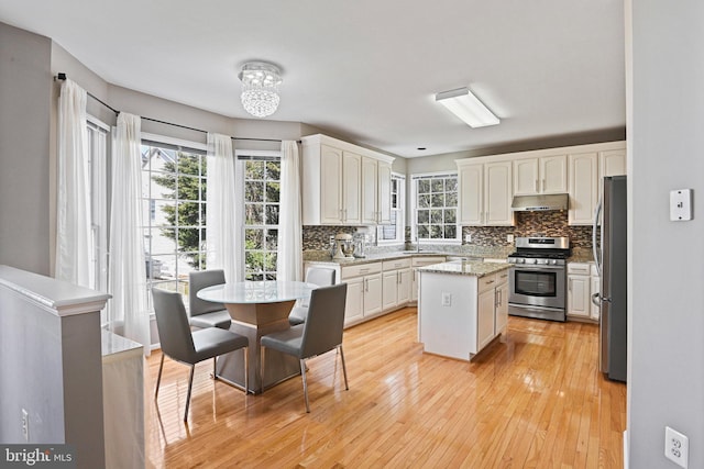 kitchen with light wood-type flooring, under cabinet range hood, a center island, stainless steel appliances, and decorative backsplash