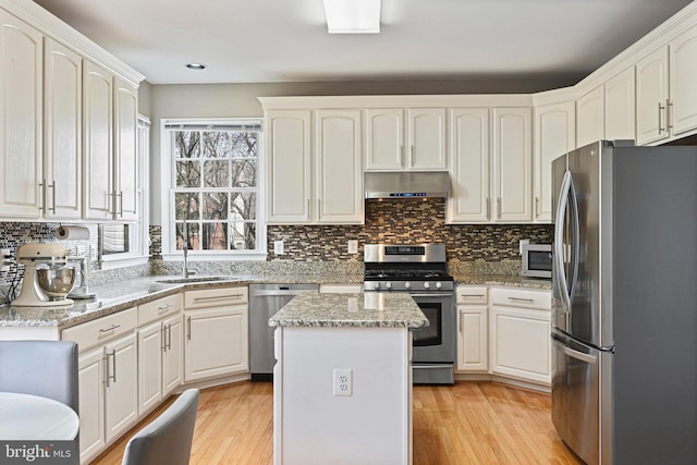 kitchen featuring under cabinet range hood, light wood finished floors, appliances with stainless steel finishes, and a sink