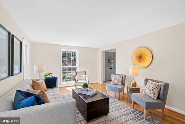 living room with baseboards and wood finished floors