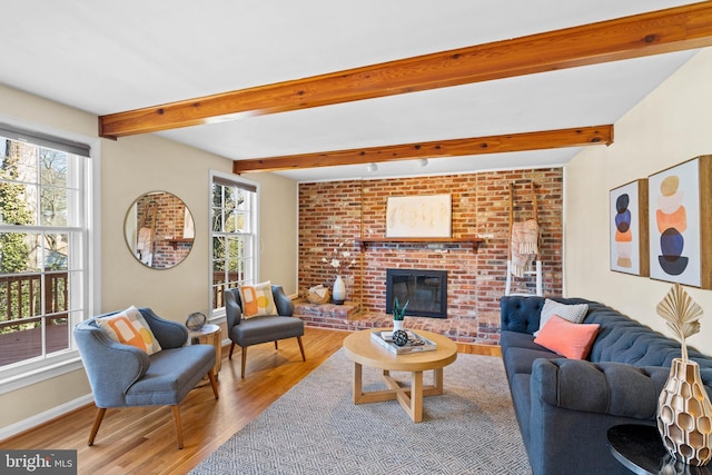 living room featuring wood finished floors, a healthy amount of sunlight, and beam ceiling