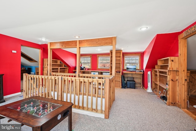 carpeted bedroom featuring recessed lighting and baseboards