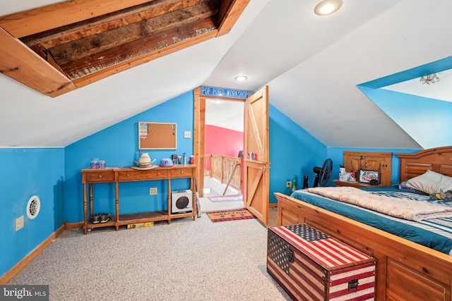 bedroom featuring vaulted ceiling, recessed lighting, baseboards, and carpet floors