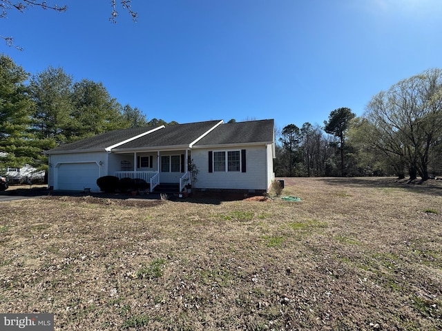 single story home featuring a porch, crawl space, and an attached garage