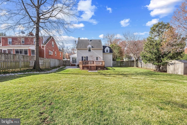 view of yard with an outbuilding, a deck, a storage unit, and a fenced backyard