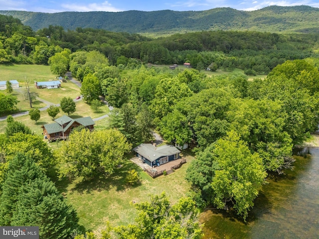 drone / aerial view featuring a mountain view and a wooded view