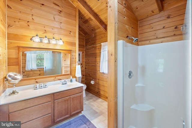 bathroom featuring lofted ceiling, a shower stall, wooden walls, and wooden ceiling