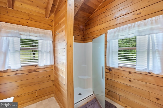 full bathroom featuring lofted ceiling, a shower stall, wooden ceiling, and wood walls