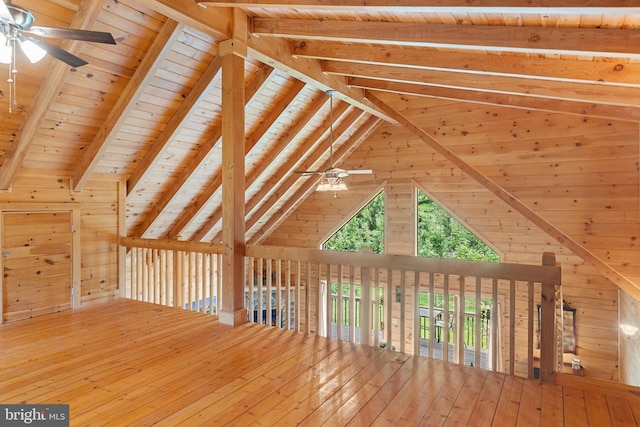 bonus room featuring ceiling fan, wood walls, hardwood / wood-style floors, beam ceiling, and wooden ceiling