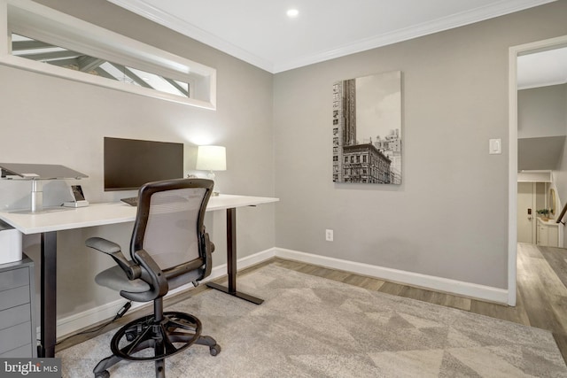 office space featuring recessed lighting, crown molding, baseboards, and wood finished floors