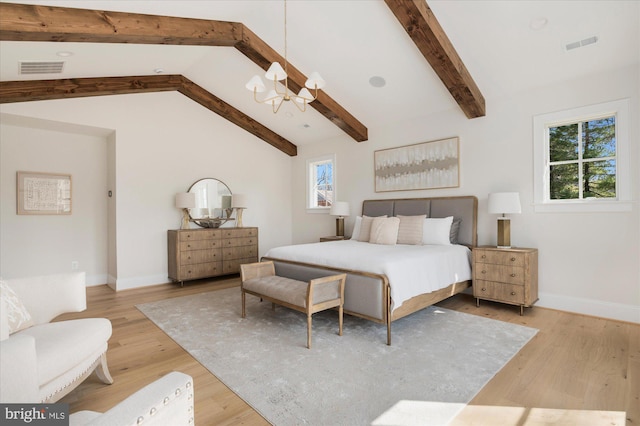 bedroom with visible vents, wood finished floors, an inviting chandelier, baseboards, and vaulted ceiling with beams