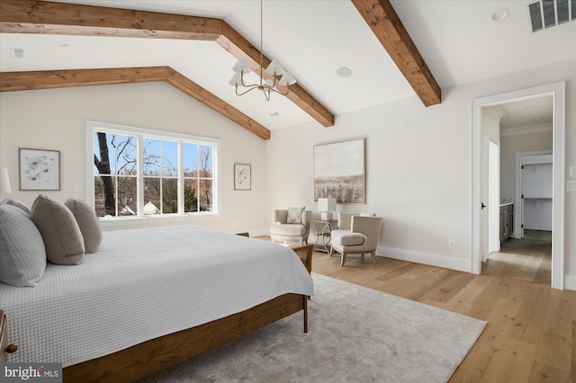 bedroom with baseboards, visible vents, lofted ceiling with beams, light wood-style flooring, and a notable chandelier