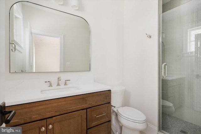 full bathroom with vanity, toilet, and a shower stall