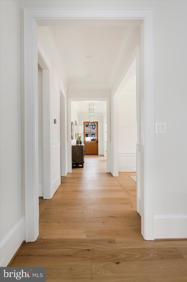 corridor with light wood-type flooring and ornamental molding