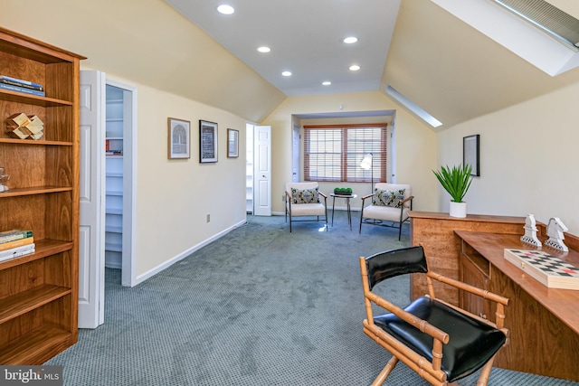 living area featuring carpet flooring, recessed lighting, baseboards, and lofted ceiling