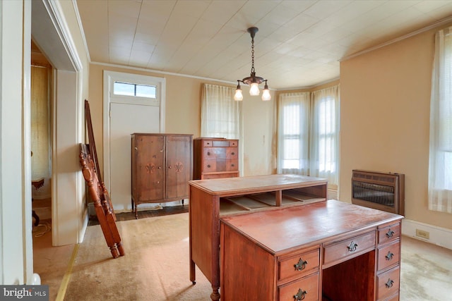 interior space with heating unit, a notable chandelier, light carpet, and ornamental molding