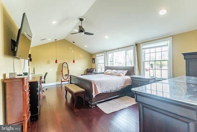 bedroom with visible vents, dark wood finished floors, recessed lighting, ceiling fan, and vaulted ceiling