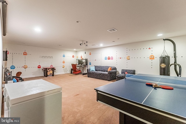 game room with recessed lighting, visible vents, and carpet floors