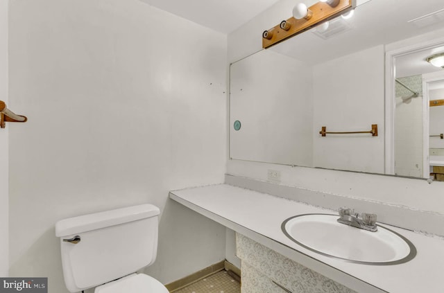 bathroom with visible vents, toilet, and vanity