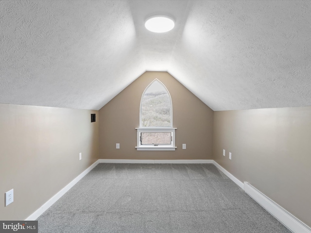 additional living space with baseboards, a textured ceiling, carpet floors, and vaulted ceiling