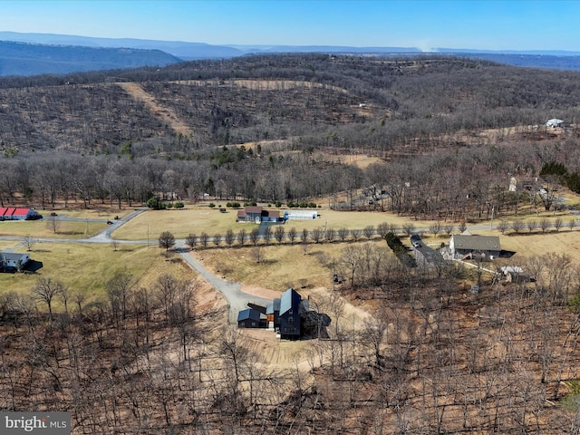 aerial view featuring a mountain view and a rural view